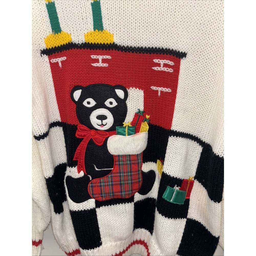 Vintage Santa Bear Sz Med Ugly Christmas Cream Acrylic Chunky Fun Sweater Korea - Picture 2 of 8